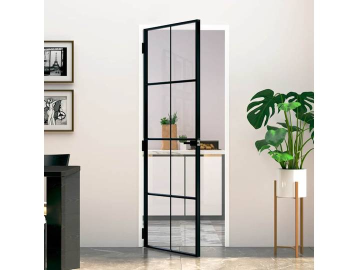 vidaXL Innentür Schwarz 76x201,5 cm Hartglas & Aluminium Schlank