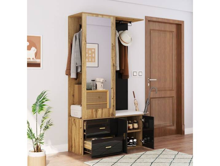 Feuille épaissie Élégante armoire noire et en bois avec miroir armoire à chaussures tabouret à chaussures avec crochets et cintr