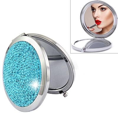 Inspired Deals Dabond Compact Makeup Mirror Diamond Metal Portable Makeup Mirror Double Sided Folding Round Mirror sky Blue