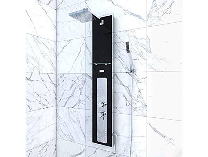 Colonne de Douche à Hydromassage 22x125cm - Verre Trempé avec plaque Inox - ALPHA BLACK