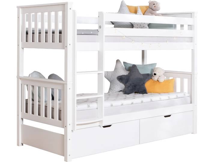 Etagenbett TICAA Sammy , weiss (kiefer massiv weiß), B:103,5cm H:160cm L:213cm, Etagenbetten, Etagenbett, mit Rollrost und Schubkästen »Melanie«, Kiefer