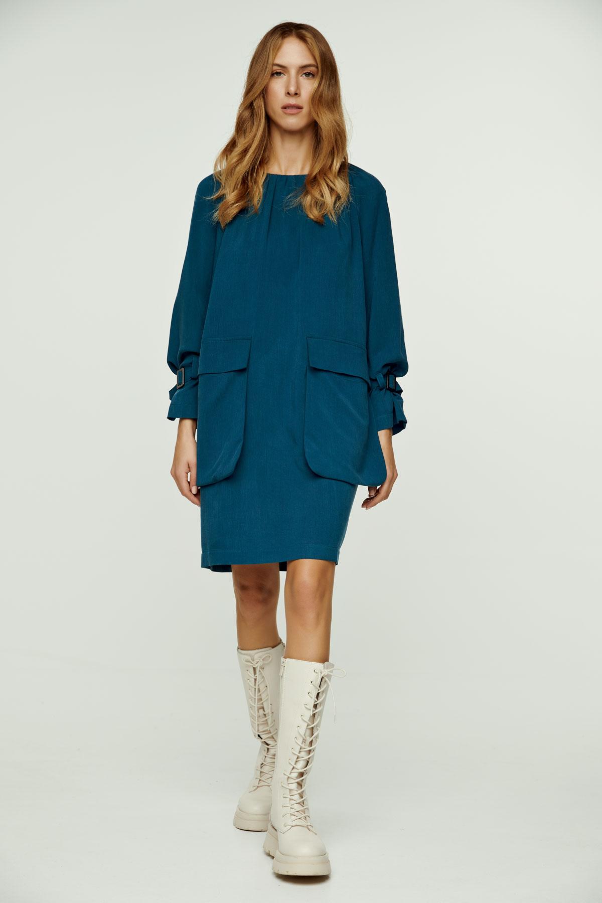 Petrolblaues Kleid mit Taschen aus Tencel