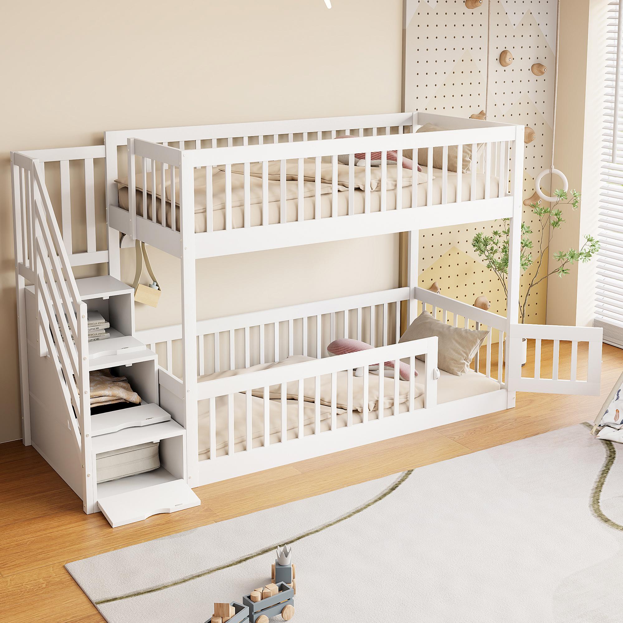 STILVORA Etagenbett 90x200 mit Schubladen,Kinderbett mit Sicherheitstreppe&Geländer,Holzbett mit Lattenrost,weiß(ohne Matratze)