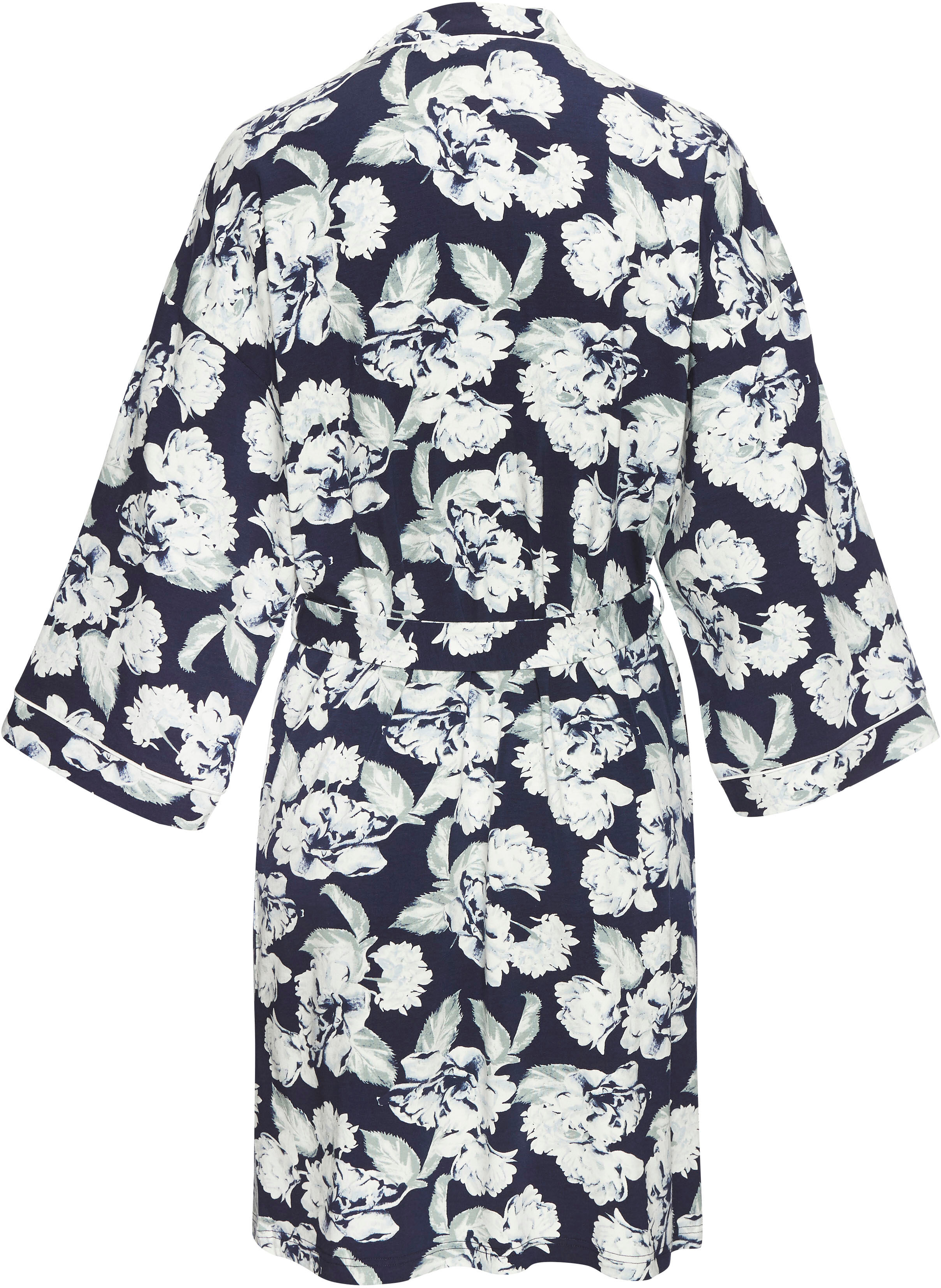 Kimono LASCANA, Damen, Gr. 36/38, blau (blau, gemustert), Baumwoll-Mix, gemustert, Kurzform, Hausmäntel Kimono, mit schönem Blumenmuster blau, gemustert 36/38
