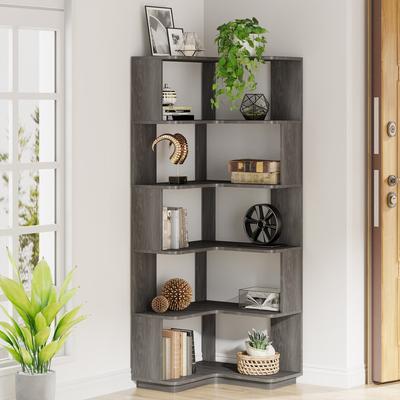1Easylife "6-Tier Corner Book Shelf, 64.9""Tall Freestanding Wood Industrial Bookcase Bookshelf"
