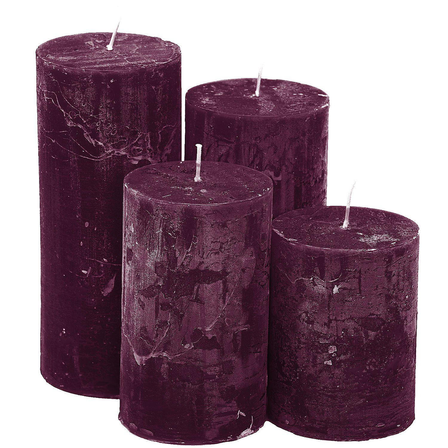 Rustikale Kerzen, weinrot, abgestuft, 4 Stück