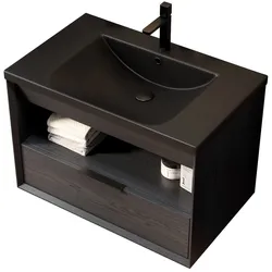 OKWISH Badezimmer-Waschtisch 75x46x51 Integrierte Keramikunterbauspüle Schublade Offenes Regal Sperrholz Soft-Close Modern Schwarz+Eiche
