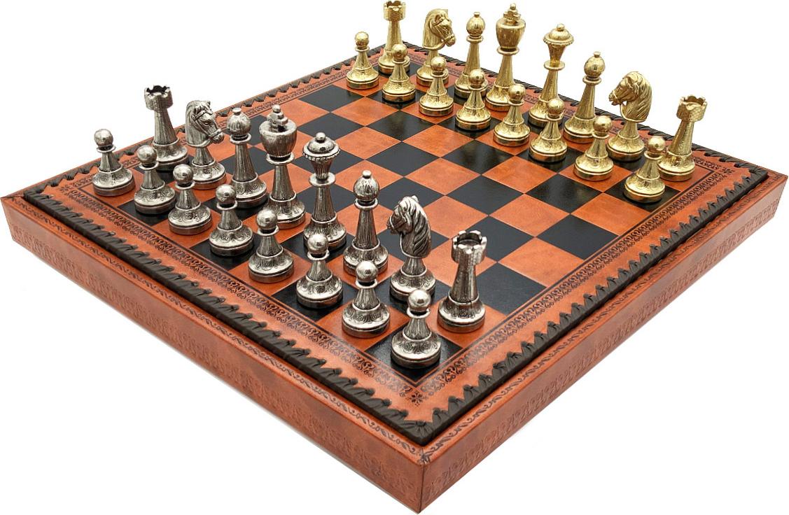 Italienisches Schachset Staunton + Schachbrett Aus Kunstleder Schwarz/Braun 35