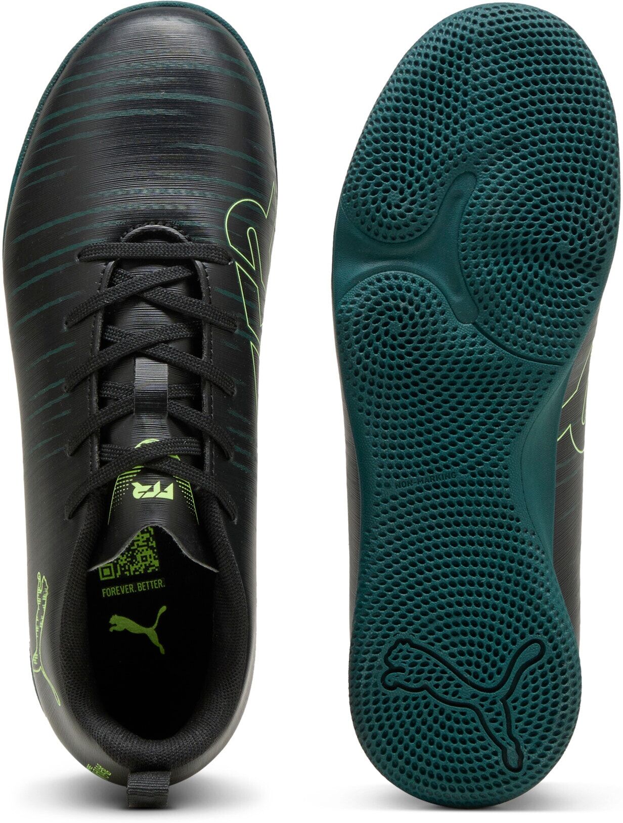 Fußballschuh PUMA "FUTURE 8 PLAY IT JR", Damen, Gr. 38, Textil, grün (puma schwarz, fizzy light, grün terrain), Synthetik, Schuhe Fußballschuh, für Halle und Straße