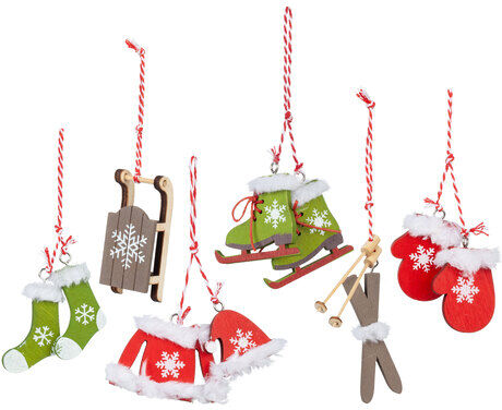 Holz-Hänger "Weihnachten", rot-grün-taupe, 3–7,5 cm, 6 Stück
