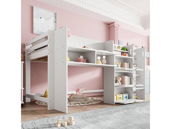 Lit mi-hauteur 90×200 cm blanc forme maison rangements multiples espace jeu dessous