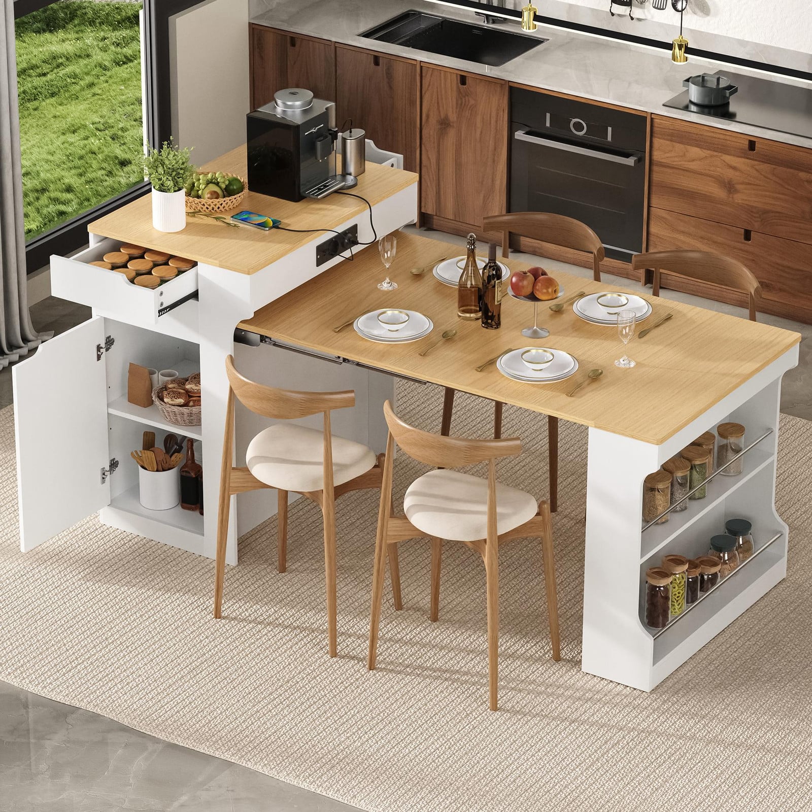 STILVORA Keukeneiland met wielen, uitschuifbare eettafel, stekkerborden en 2 lades