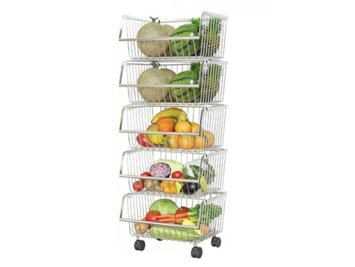 DFHetFH Rollwagen Obstkorb Aus Edelstahl for Küchenwagenständer, Verdickt for Wohnzimmer Küchenwagen(5 Tier)