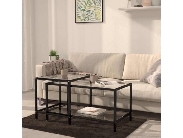 Beistelltische 2 Stk Hartglas Transparent im Industrie-Stil als Couchtisch Pulverbeschichteter Stahl, robuste Tischplatte, platzsparend verstaut, leicht zu reinigen