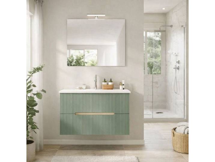 Meuble salle de bain suspendu 80cm chêne glacé et vert sauge Magnolia