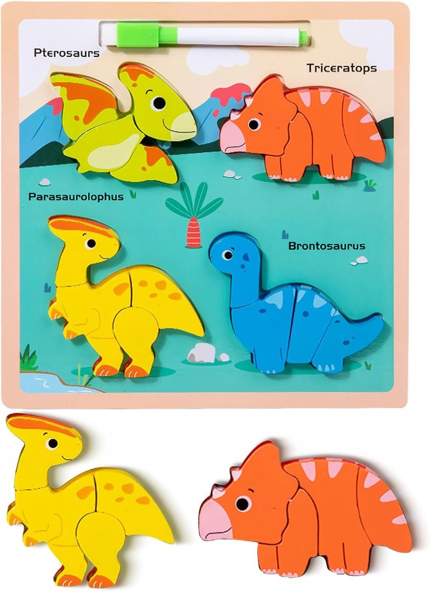 Educatieve Montessori Houten 3D Puzzel met Dinosaurus voor Kinderen, Multicolour