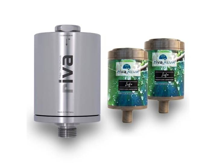 rivaALVA Life Untertisch-Wasserfilter mit zusätzlicher Ersatzkartusche 2 Kartuschen mit Blockaktivkohle, Edelstahlgehäuse V4, 6.000–7.000 l je Kartusche, Made in Germany