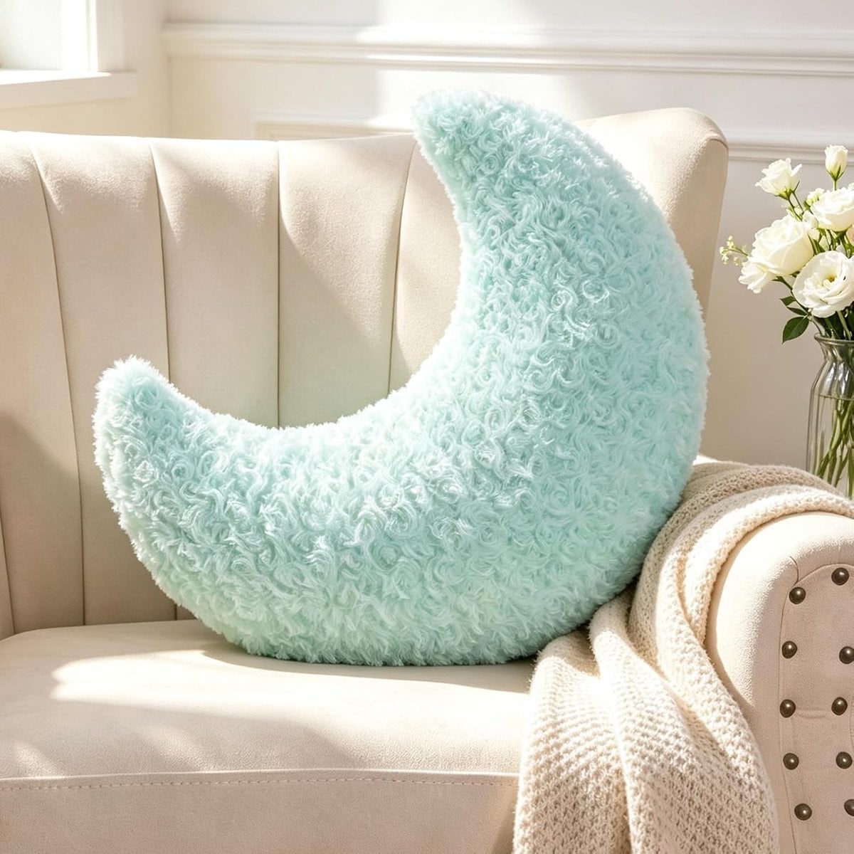 Blauw maanvormig pluche sierkussen voor woonkamer en slaapkamer, 33 cm