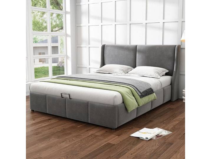 Lit double 180x200 cm - Velours - Coffre de rangement - Tête de lit incluse - Montage facile