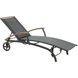 Gartenliege Andy aus Teakholz und Aluminium, modern, verstellbare Rückenlehne, schwarz, mit Rädern
