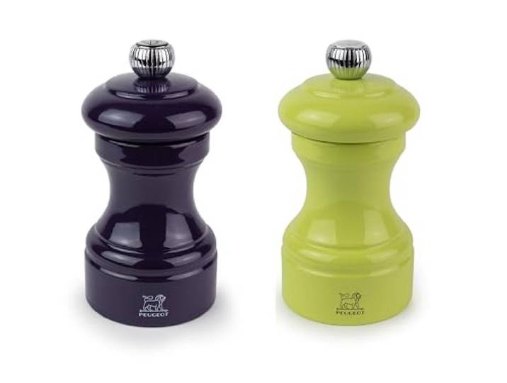 Peugeot Bistro Salz- und Pfeffermühlen-Set - Aubergine / Pistazie, 2 Stück Verstellbare Mahlkontrolle, Buchenholzmühlen für Pfefferkörner und Steinsalz, Präzisionsgewürzen zum Kochen und Essen