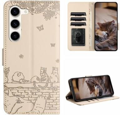 Inspired Deals Cute Cat Embossed Wallet Phone Case For Samsung Galaxy With Card Holder And Lanyard For Samsung Galaxy S23+ beige