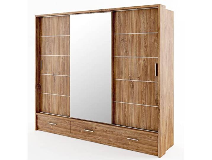 Schwebetürenschrank Kleiderschrank Schiebetürenschrank AR-01 ARTI Garderobenschrank mit Spiegel 3 Schubladen (Stirling Eiche)