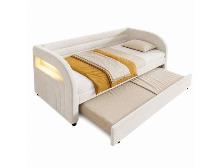 Flora Grace Bett 90/200 cm in Beige mit LED-Beleuchtung und Ausziehfunktion, 90x200 cm, Schlafzimmer, Betten