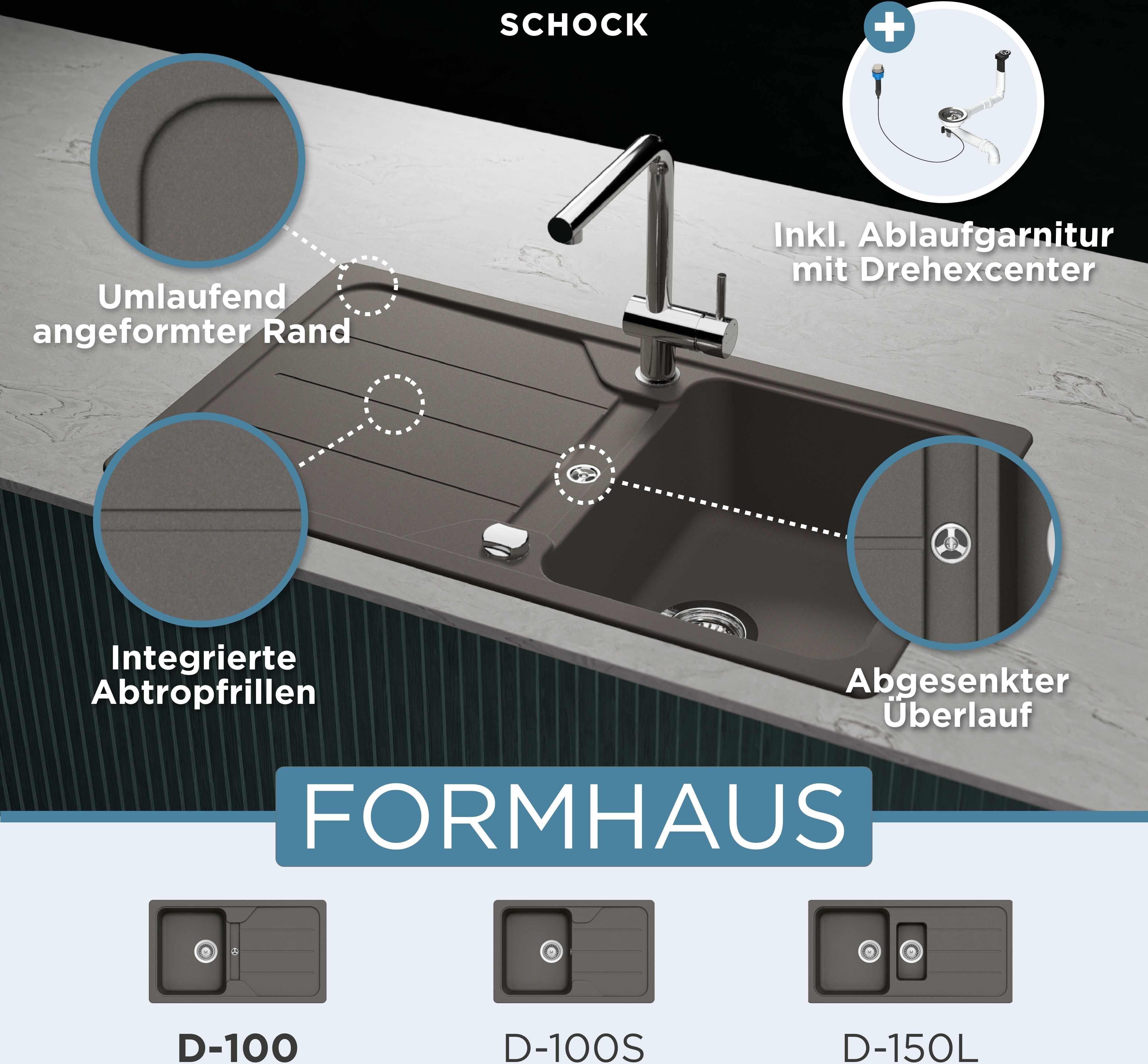 Granitspüle SCHOCK "Formhaus", grau (asphalt), B:86cm H:29,8cm T:50cm, Domogranit, Küchenspülen, Granitspüle asphalt beidseitig