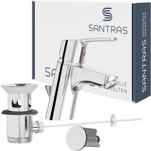 Santras Waschtischarmatur Magis, verchromt, 14 cm hoch, aus Messing, mit Ablaufgarnitur & Zugstange