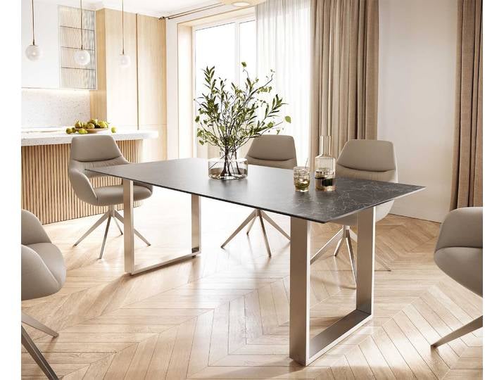 Table à manger Edge 200x100 céramique Laminam® nero greco gris inox étroit