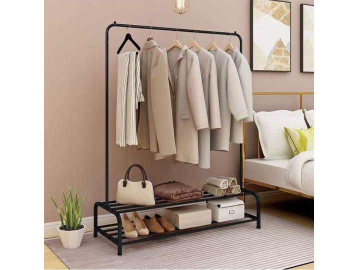 Portant Penderie À Vêtements Tringle Meuble Métal Porte-Manteau Étagère Pour Chaussures Rangement Noir