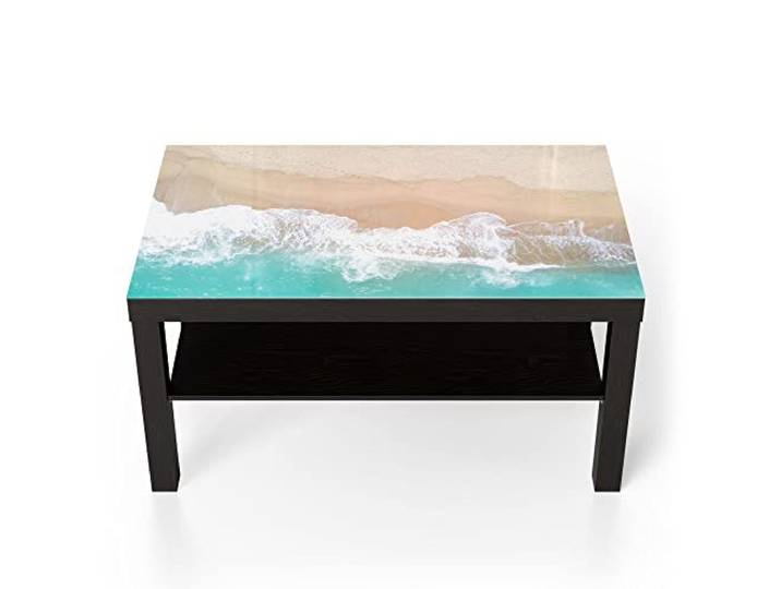 DEQORI Glastisch schwarz groß 90x50 cm Motiv Wellen brechen am Strand ausgefallener Beistelltisch aus Glas Hochglanz Couchtisch fürs Wohnzimmer moderner Couch Tisch mit Design