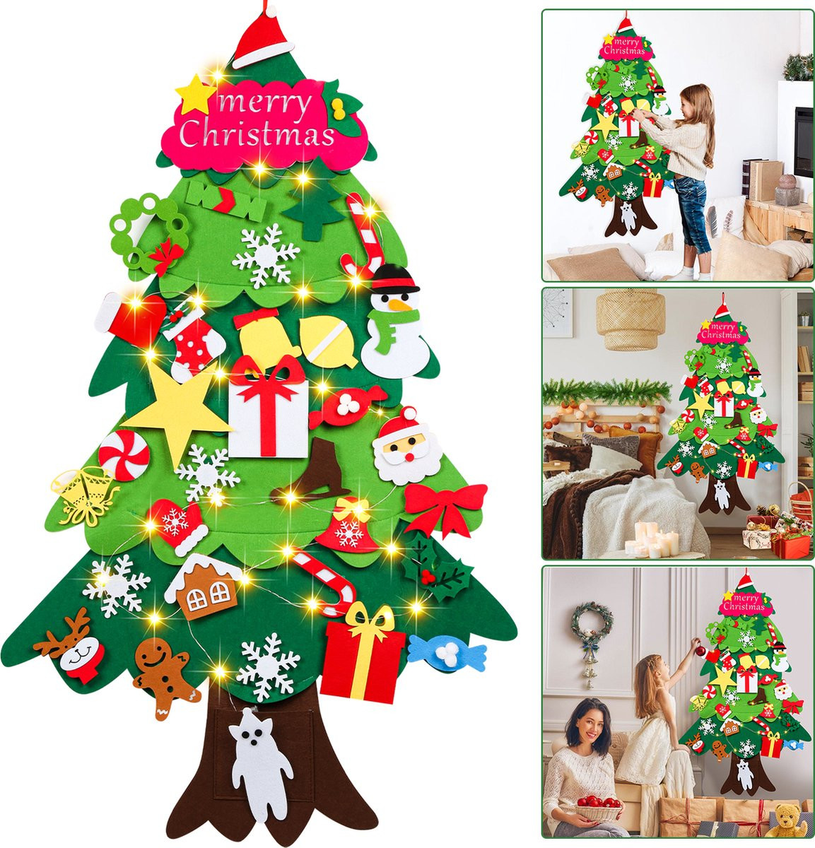 Groene vilten kerstboom voor kinderen met 33 accessoires en verlichting - Hoogte: 105 cm