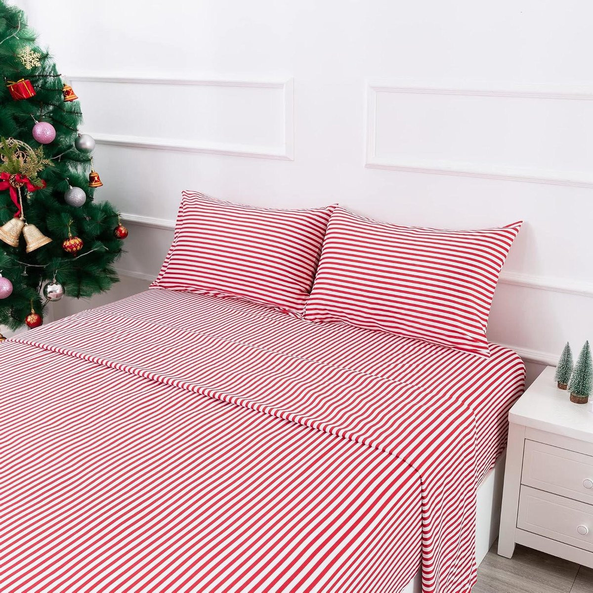 4-delige microvezel beddengoed set Full - Bordeaux rood/wit gestreept