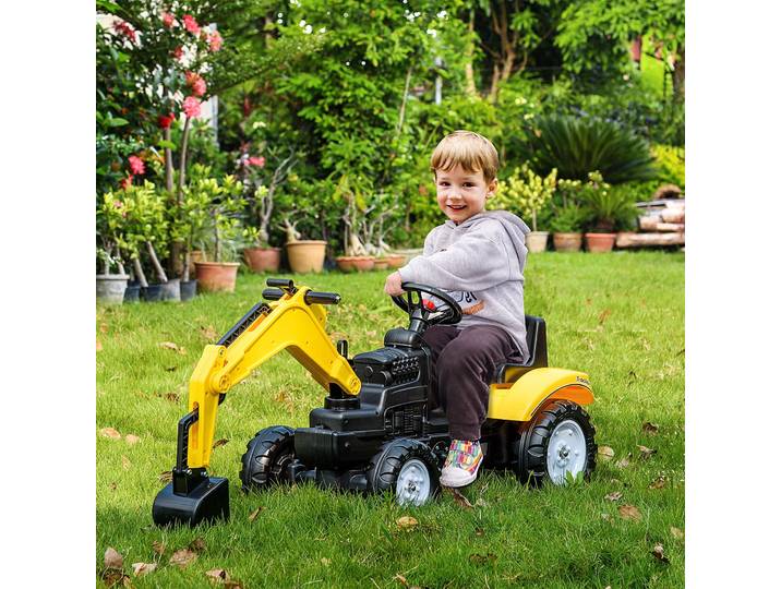 HOMCOM Tractopelle à pédales enfant de 3 à 6 ans avec pelleteuse articulée avant jaune