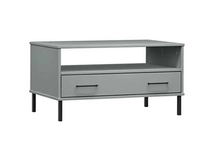 Couchtisch aus massivem Kiefernholz, mit Metallfüßen und Aufbewahrung, 85 x