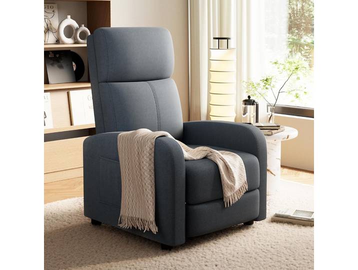 Fauteuil inclinable manuel en tissu lin, dossier haut, coussin épais, inclinable à résistance réglable, fauteuil lounge confortable, canapé simple