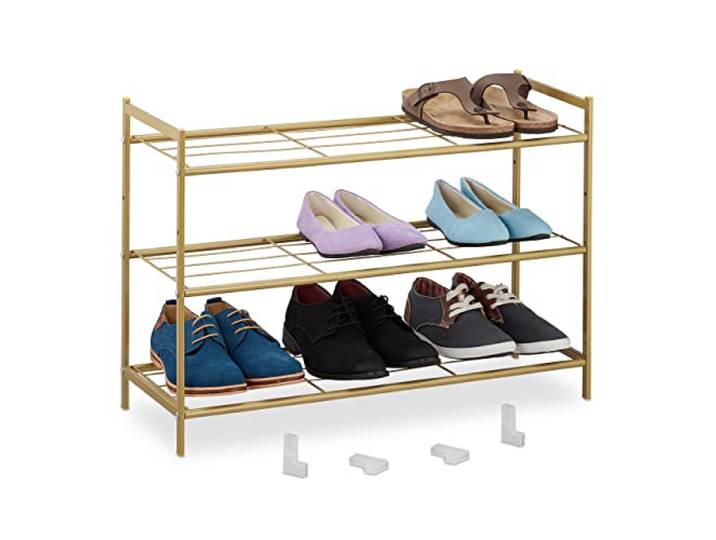 Relaxdays Étagère à Chaussures en métal\, 3 Niveaux\, empilable\, Porte-Chaussures HLP 50x70x26 cm\, 9 Paires\, doré