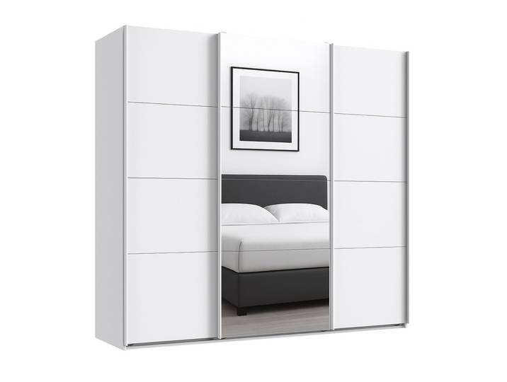 Schwebetürenschrank Kleiderschrank B225 cm H208 cm 3-türig Weiß, 1x Spiegeltür / 22518