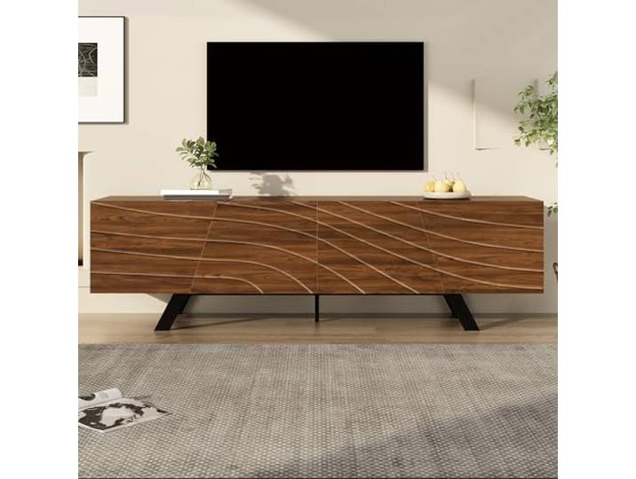 FammyLoft TV Schrank mit Wellenfront, Lowboard mit Stauraum, Fernsehtisch mit Schwarzen Eisenbeinen, Moderner TV Sideboard, für Wohnzimmer/Flur, Kabelmanagement & Ablage, 160cm, Walnussholzfarbe
