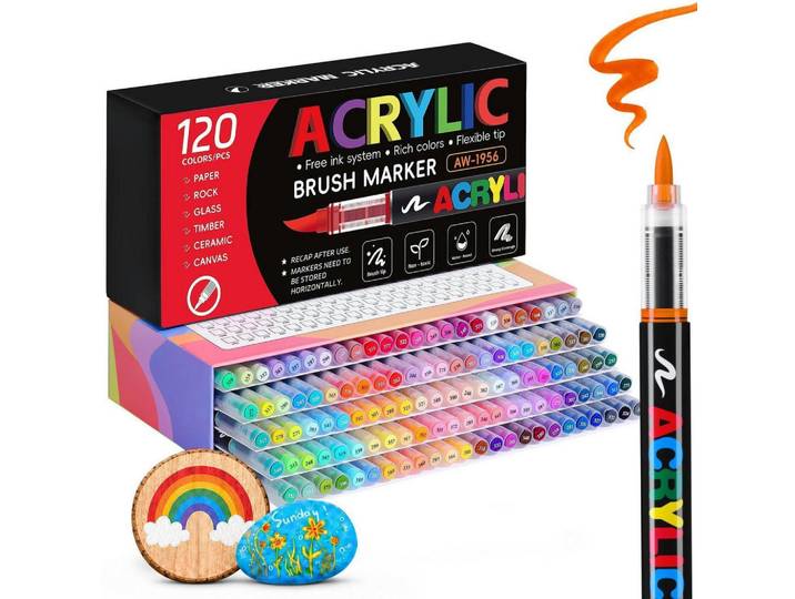 Acrylstifte Set 120 Farben Pinselspitze, Mehrfarbig, Kunststoff, 1x1x15 cm, Dekoration, Malbedarf & Bastelbedarf