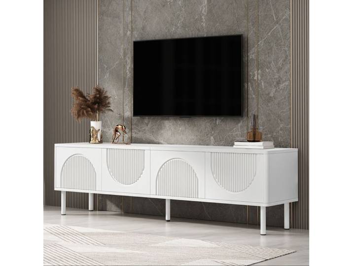 Meuble TV bas 180 cm AESVAR blanc mat 4 portes relief 3D passe-câbles 4 compartiments