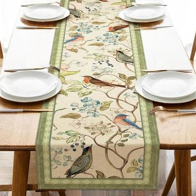 Inspire Essentials Vintage Floral Bird Linen Table Runner Farmhouse Dining Table Decor 2 108x13inch