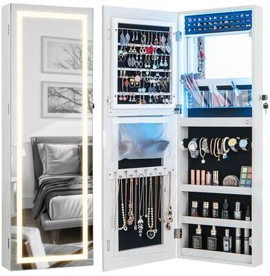 Costway 42.5 Inches Lockable Jewelry Mirror Wall Cabinet with 3-Color LED Lights-White