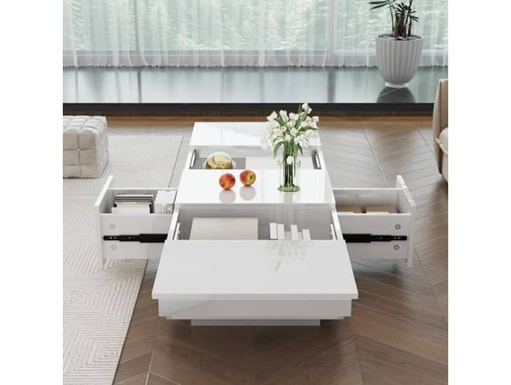 FurnitureR Couchtisch, Hochglanz-Wohnzimmertisch mit Push-Pull-Aufbewahrungsstruktur, doppelseitigen Schubladen,Desktop erweiterbar