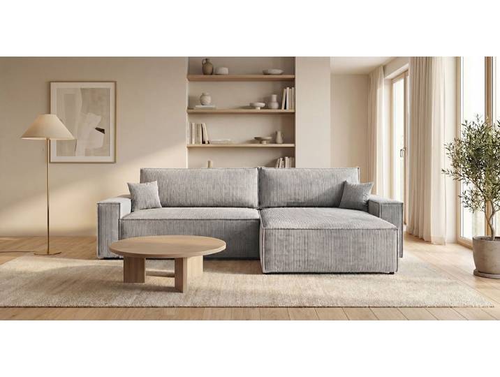 Designer Ecksofa Vienna mit Schlaf- und Klappfunktion in Cord - Cord - Hellgrau - Rechts - Luxusbetten24