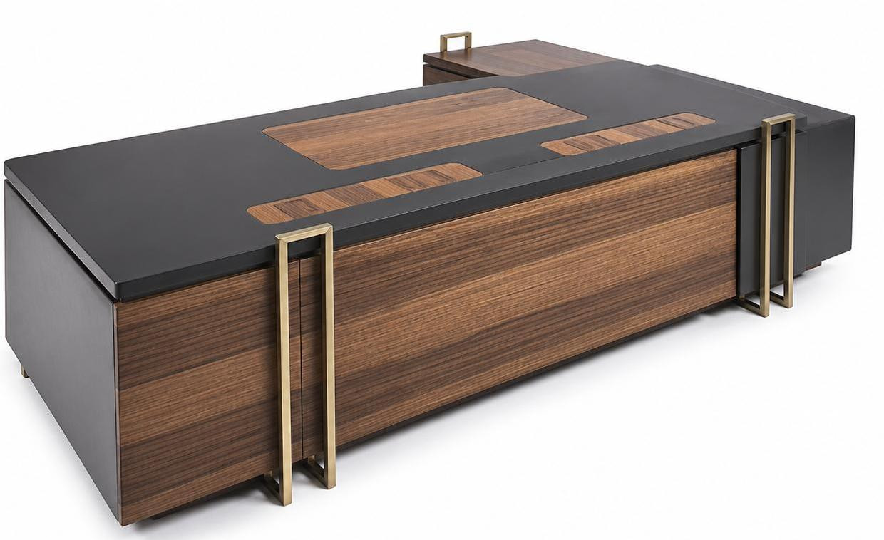 Braun L-vormig houten hoekbureau in grijs