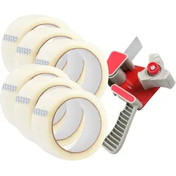 Packbandabroller und 6 Rollen Packband, transparent, Kunststoff, grau, transparent