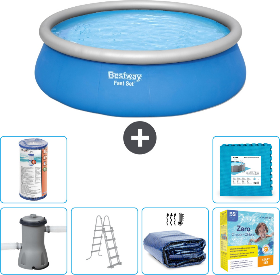 Bestway runder aufblasbarer Fast-Set-Schwimmpool - 457 x 122 cm - Blau - inklusive Pumpe - Leiter Sonnensegel - Wartungspaket - Filter - Bodenfliesen